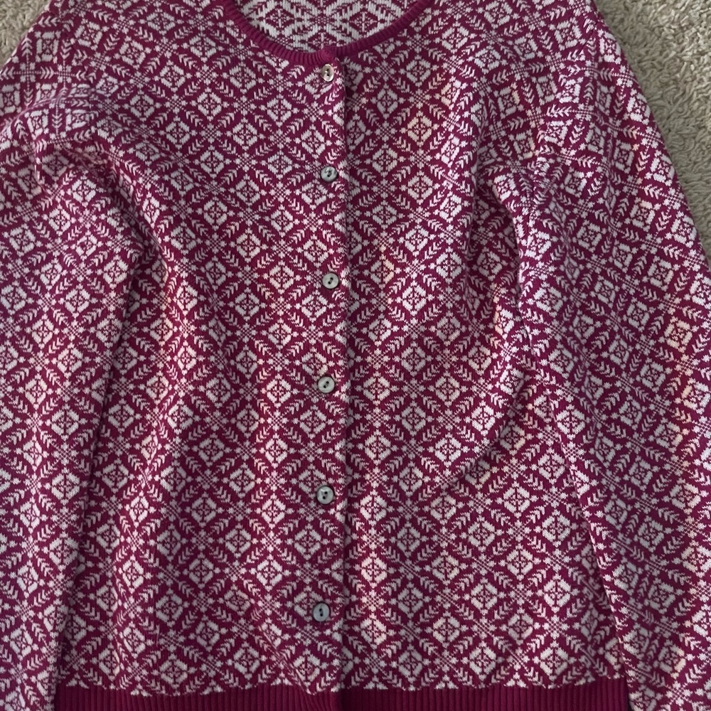 Lands' End Women's Nordic Fuchsia and White Knit Cardigan